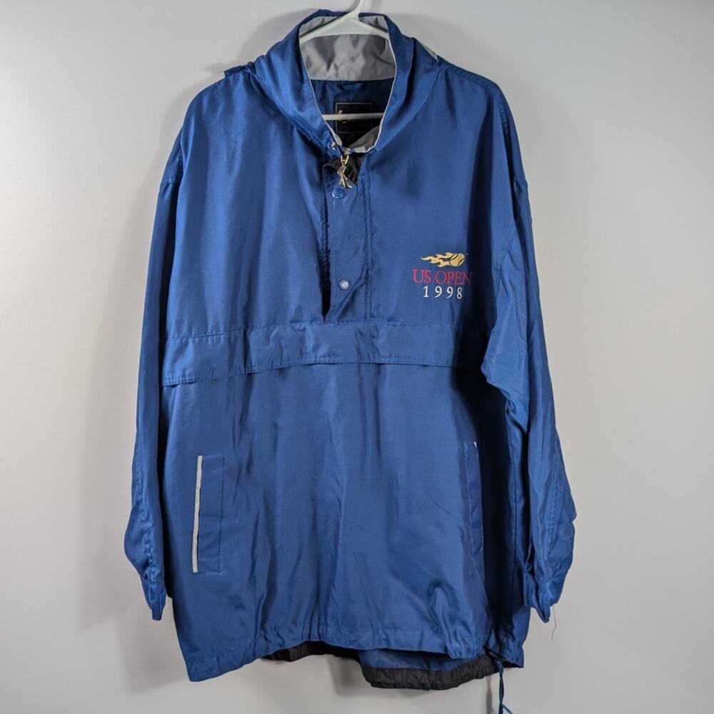 Vintage 1998 US Open Tennis Mens L Pullover Windbreaker Anorak Blue Hooded 90s